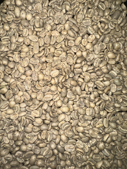 A close-up, top-down view of numerous raw, unroasted coffee beans filling the entire frame.