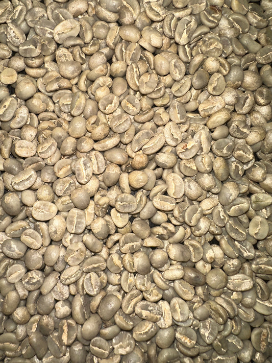 A close-up, top-down view of many unroasted coffee beans filling the frame, showing their characteristic curved shape and pale tan to gray-green color.